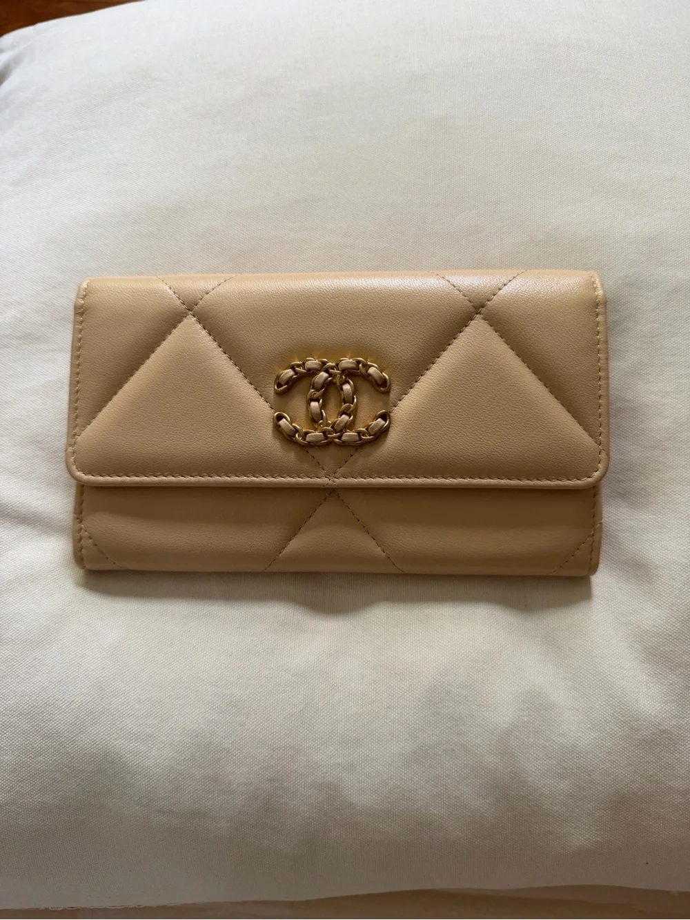 CHANEL Quilted Nude Beige Leather Fold Wallet with Gold CC Chain Emblem